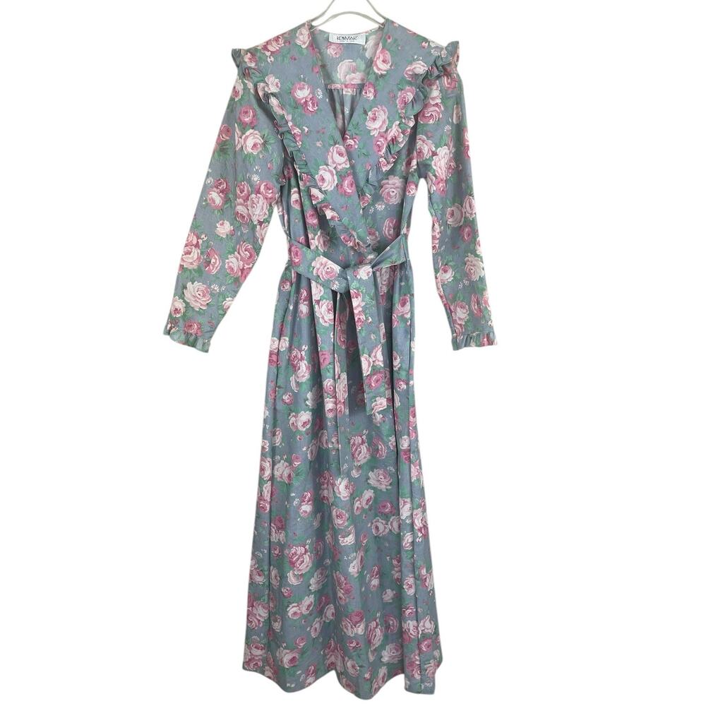 Vintage Komar Floral Robe Housecoat Ruffles Cottage Coquette USA Size Small